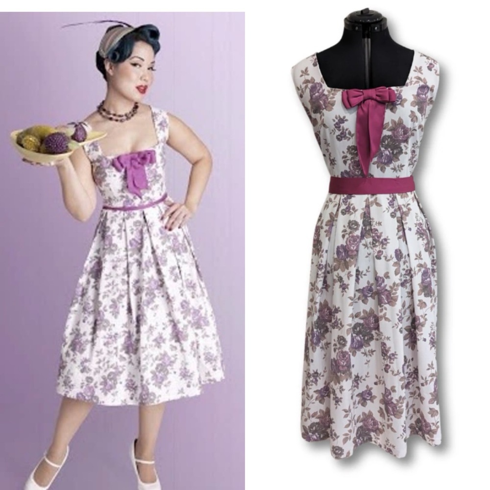 Vintage-Inspired Lavender Floral Fit & Flare Dress with Bow